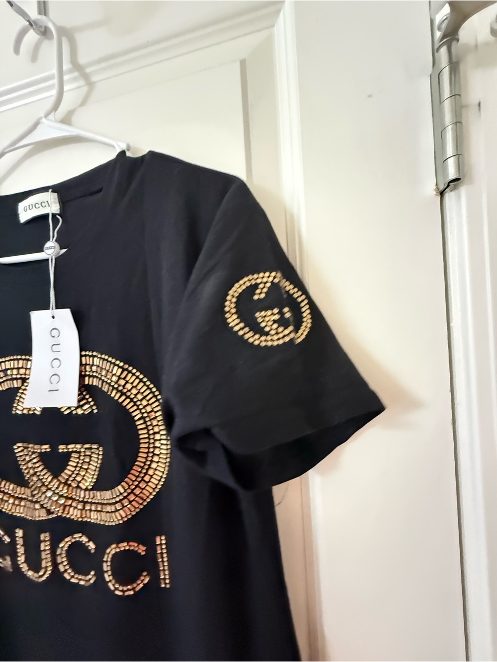 Black T-shirt Dress with Gold Logo Embellishment New With Tags Size Large - Picture 4 of 8